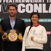 Teri Harper and Yamila Belen Abellaneda, pictured with Eddie Hearn, ahead of their WBA Intercontinental Lightweight title fight at the weekend. Picture: Mark Robinson Matchroom Boxing