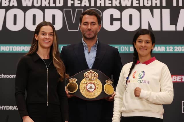 Teri Harper and Yamila Belen Abellaneda, pictured with Eddie Hearn, ahead of their WBA Intercontinental Lightweight title fight at the weekend. Picture: Mark Robinson Matchroom Boxing