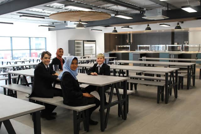 Hall Cross lower school pupils in the new £250,000 dining room extension