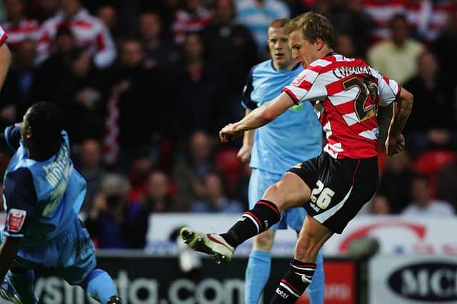 James Coppinger, pictured scoring one of his three goals against Southend in the 2008 League One play-off semi-final. Photo: Matthew Lewis/Getty Images