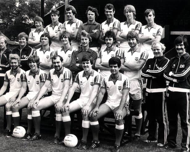 Doncaster Rovers' squad for 1980-81 that went on to win promotion. Back row l-r: Shaun Flanagan, Stewart Mell, Alan Warboys, Willie Boyd, Pat Lally, Billy Russell and Steve Daniels. Middle row: Gerry Delahunt - physiotherapist, Cyril Knowles - Coach), Alan Little, Steve Lister, Mark Shipley, John Dowie, David Bradley, Billie Bremnar - Manager, Dave Bentley - coach)  Front row: Glynn Snodin, Daral pugh, Hugh Dowd, Ian Nimmo and Michael Oates.