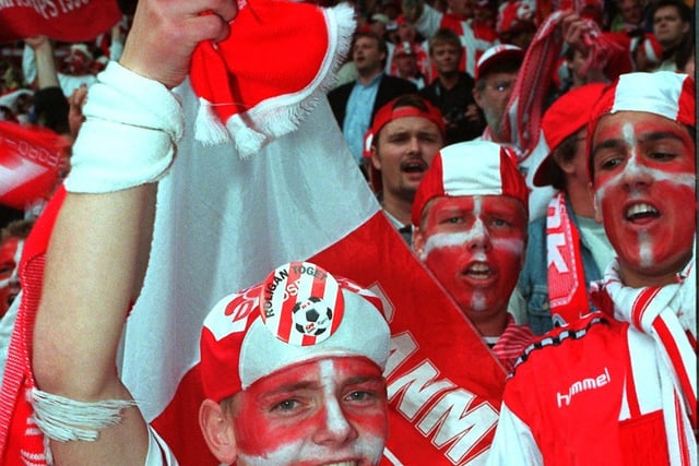 A young Danish fan smiles at Hillsborough after Denmark are victorious 3-0 over Turkey.