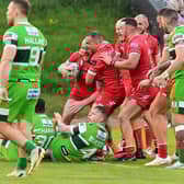 Sam Smeaton celebrates his record breaking try. Picture: Howard Roe/AHPIX.com