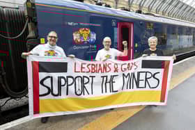 Pictured (left to right): Jonathan Blake and Mike Jackson (Lesbians and Gays Support The Miners), Jenny Dewsnap (Chair, Doncaster Pride).