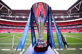 LONDON, ENGLAND - APRIL 07: A detailed view of the Bristol Street Motors Trophy prior to the Bristol Street Motors Trophy Final between Peterborough United and Wycombe Wanderers at Wembley Stadium on April 07, 2024 in London, England.  (Photo by Richard Pelham/Getty Images)