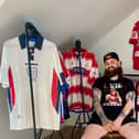 Rovers fan Matt Turner with his huge collection of replica shirts from down the years