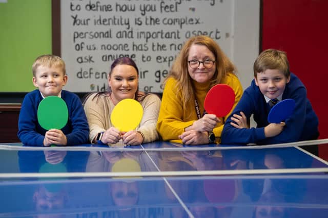 Staff and Children from Harworth and Bircotes Young Peoples Centre enjoying their table tennis table.
