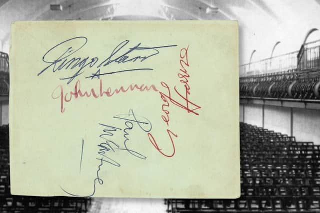 The swimming baths in Doncaster and, inset, The Beatles' autographs. Picture: RR Auction.