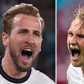 England's Harry Kane and Denmark's Kasper Dolberg. Photo by OLAF KRAAK,ALBERTO LINGRIA/POOL/AFP via Getty Images