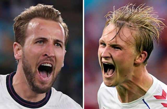 England's Harry Kane and Denmark's Kasper Dolberg. Photo by OLAF KRAAK,ALBERTO LINGRIA/POOL/AFP via Getty Images
