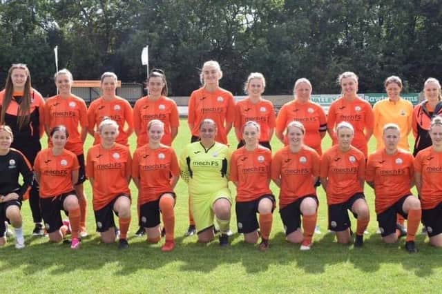 Harworth Colliery Ladies. Back (left to right): Amy Booth, Abbie France, Rachel Bell, Jodie Shakespeare, Lou McCreadie, Lucy Bristow, Laura Brinkley (VC) Katie McCreadie, Tara Fisher, Sophie Gray (C). Front (left to right): Vicky Hogg (physio), Katie Scorer, Lauren Jeavons, Dani Thompson, Julie Key, Kat Cunliffe, Rachel Harvey, Jasmine Blunt, Gabi Marriott, Sophie Thompson