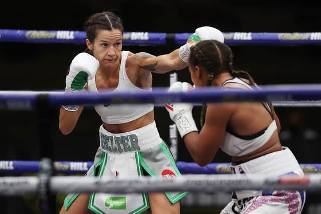 Terri Harper fights Natasha Jonas for the WBC and IBO World super featherweight titles back in 2020. Photo courtesy of Mark Robinson/Matchroom Boxing.