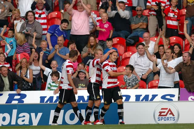 Billy Sharp celebrates scoring at the Keepmoat