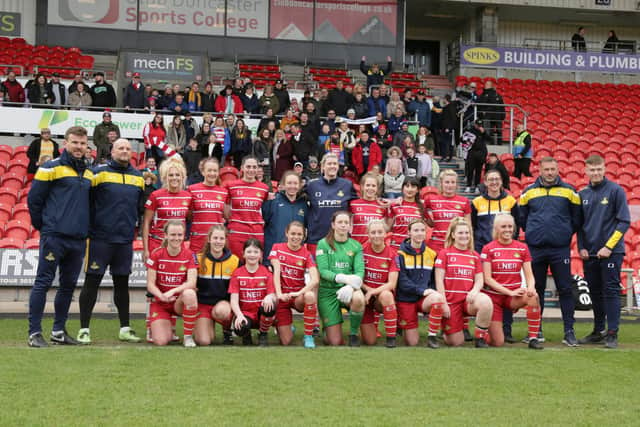 Doncaster Rovers Belles and their supporters pose for a picture following their final home game of the season. Picture: Julian Barker
