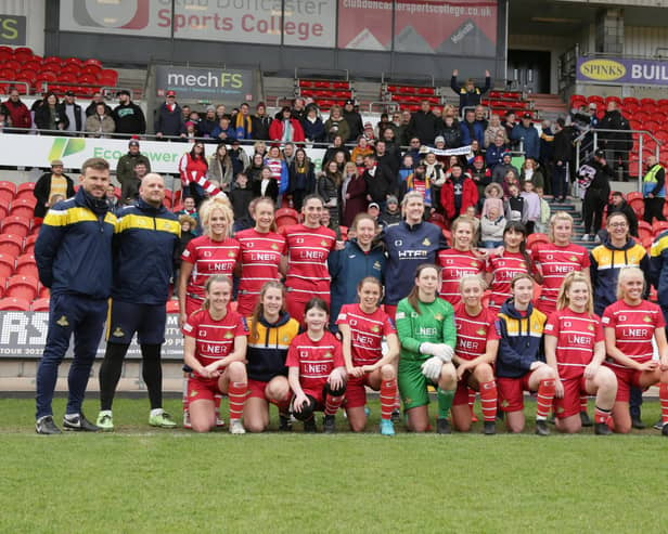 Doncaster Rovers Belles and their supporters pose for a picture following their final home game of the season. Picture: Julian Barker