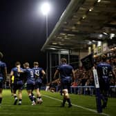 Doncaster Knights celebrate scoring a try against Bristol Bears in the Premiership Rugby Cup (photo by George Wood/Getty Images).