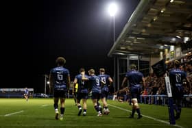 Doncaster Knights celebrate scoring a try against Bristol Bears in the Premiership Rugby Cup (photo by George Wood/Getty Images).
