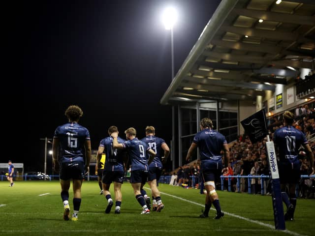 Doncaster Knights celebrate scoring a try against Bristol Bears in the Premiership Rugby Cup (photo by George Wood/Getty Images).