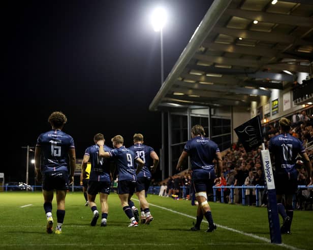 Doncaster Knights celebrate scoring a try against Bristol Bears in the Premiership Rugby Cup (photo by George Wood/Getty Images).