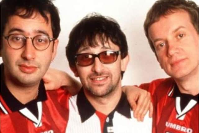 Ian Broudie (centre) of the Lightning Seeds, pictured with David Baddiel and Frank Skinner in 1996, is coming to Askern Music Festival.