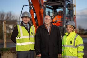 HHY Managing Director Tony Lee, Councillor Glyn Jones, Sales Manager Ellie Wyles at Cressacre Green, Harlington.