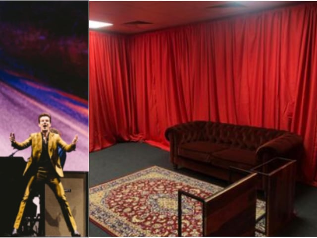 Drapes, sofas, coffee tables and rugs were all brought in for the band.