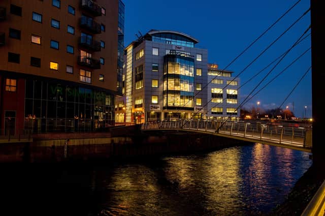 The Direct Line Office in Leeds from Granary Wharfe at dusk.  Picture Bruce Rollinson