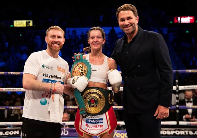 Terri Harper, with manager Stefy Bull and Matchroom Boxing chief Eddie Hearn. Picture: Mark Robinson.