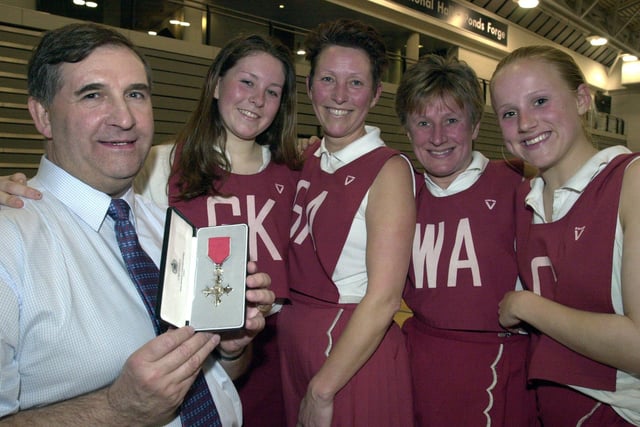 Sheffield Concord Netball Club founder member Gordon Padley who has been awarded an MBE., pictured with two other founder members and their daughters, l/r: Lucy Crowley(16), Susan Crowley, Liz Hughes and Laura Hughes(15). Pictured at Ponds Forge in 2003