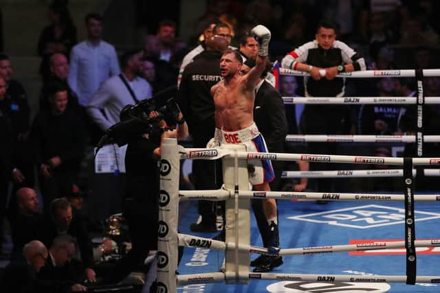 Maxi Hughes celebrates victory in his IBO world lightweight title fight against Jovanni Straffon. Photo by George Wood/Getty Images