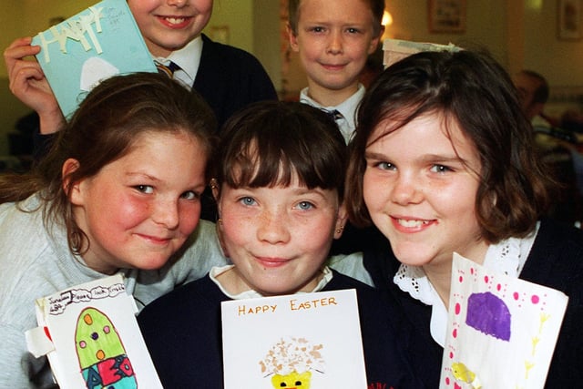 Pupils from Ambler school, Balby who were winners in the Easter card competition organised by the school and Cedar Nursing Home. Back row are winners Zoe Smart, year 5,  with brother Daniel Smart, and front row from left, June Law, year 4, Katie Taylor, overall winner, and Siobhan Taylor, April 1997