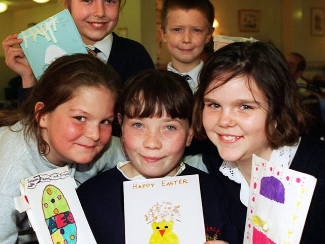 Pupils from Ambler school, Balby who were winners in the Easter card competition organised by the school and Cedar Nursing Home. Back row are winners Zoe Smart, year 5, with brother Daniel Smart, and front row from left, June Law, year 4, Katie Taylor, overall winner, and Siobhan Taylor, April 1997