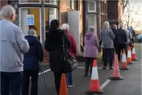 People in Doncaster queue for their coronavirus vaccine.