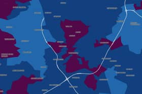 The map shows areas of Doncaster where the covid rates are over 400 (burgundy), between 200-399 (dark blue) and light blue between 100-199,  in the seven days to 08 August 2021, which is the latest period for which reliable figures are available
