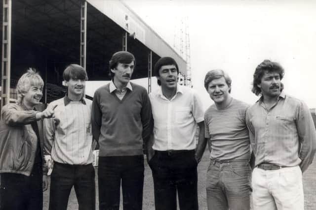 Glynn and Ian Snodin (left) welcome a new crop of players to Belle Vue in the early 80s.