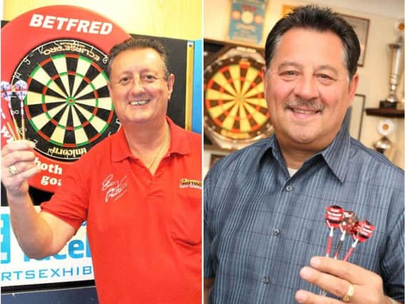 Darts champs Eric Bristow and Dennis Priestley.