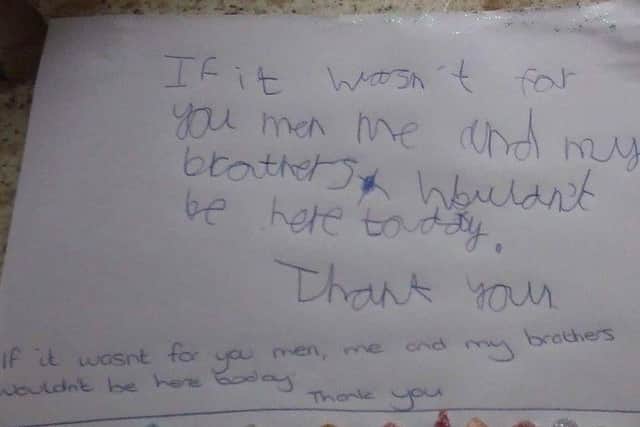 A letter written by one of Stacey's children to say thank you to the rescuers.