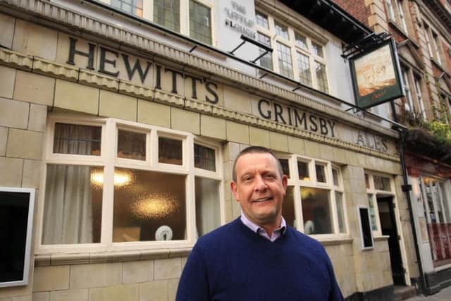 Nick Griffin with the Hewitt's Grimsby Ales signs at the "Little" Plough.