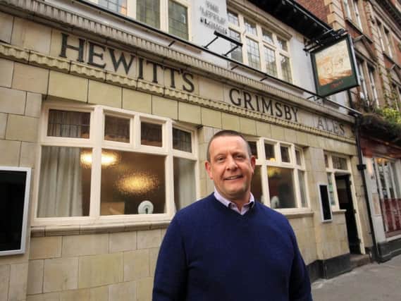 Nick Griffin with the Hewitt's Grimsby Ales signs at the "Little" Plough.
