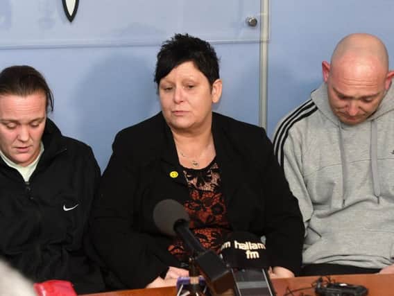 Daughter Claire, sister Val and son Philip speak to the media after Doncaster grandmother-of-seven Sue Gravel was killed in a hit-and-run on Station Road in Stainforth. Picture: Andrew Roe