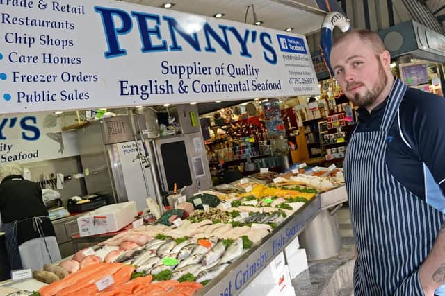 Doncaster Market trader Ash Hanley by his stall, Penny's English and Continental Seafood