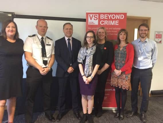 Marie Carroll, Assistant Crime Commissioner Tim Forber, Crime Commissioner Keith Hunter, Nicola Swan, Johanna Parks, Lynne Casserly, and Ben Payne at the launch