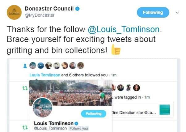 Doncaster Council announces the news that Louis Tomlinson is following them on Twitter. (Photo: MyDoncaster/Twitter).