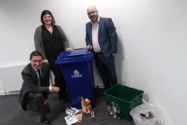 Pictured with the new style bins are (l-r) Lee Garrett, Doncaxster Council head of waste and highways infrastructure, Lee Richardson, Doncaster Council waste and re-cycling manager, and Matthew Canning, Suez regional manager municipal
