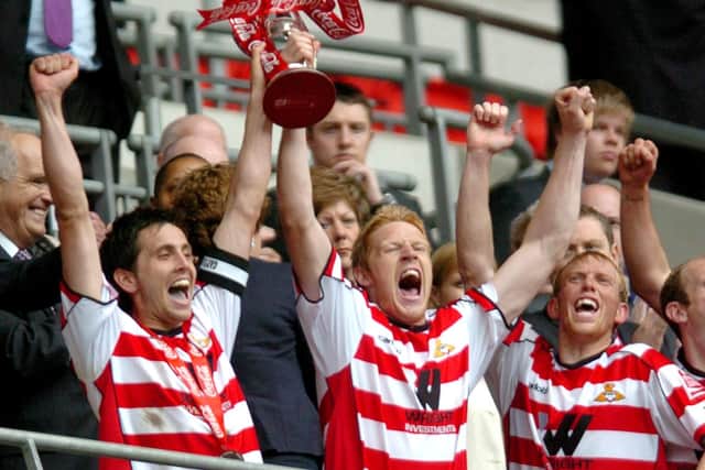 Doncaster celebrate their win over Leeds United at Wembley in 2008.