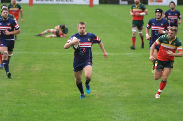 Sam Bottomley runs in one of this three tries against Sandbach. Photo: FSP Images
