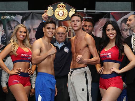 Daniel Roman and Gavin McDonnell after weighing in for the WBA title fight. Picture: Ed Mulholland/Matchroom Boxing USA
