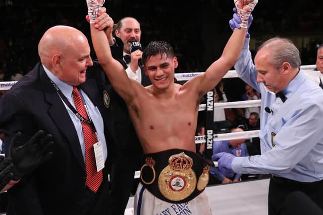 Daniel Roman celebrates victory in his WBA title defence against Gavin McDonnell. Picture: Ed Mulholland/Matchroom Boxing USA