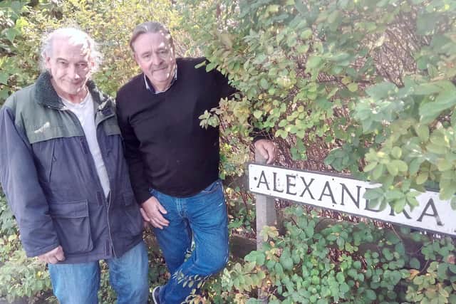 Neil Hawthorn and Giles Brearley at Alexandra Road, Mexborough, which was home to Mike Hawthorn, who became Britain's first Formula One World Champion in 1958. Neil is Mike's cousin.