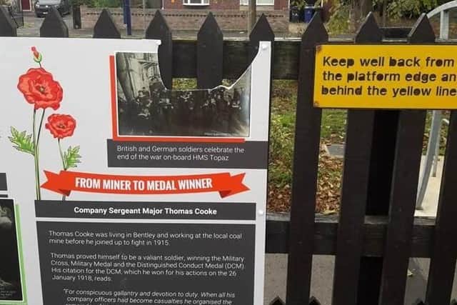 A display at Bentley Railway Station has been createdto honour local people who have stories connected to the 100th anniversary of the ending of the First World War has been vandalised.
